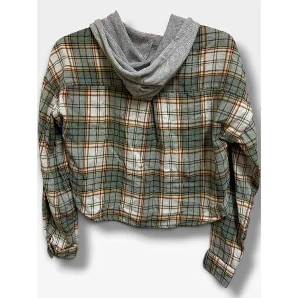 No Comment Plaid Hooded Cropped Flannel Shirt Green Gray Grunge Medium - Image 4