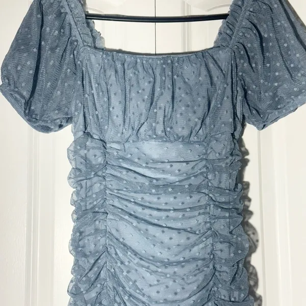 Blāshe Mini Dress blue Puffy Sleeve Ruched Polka Dots XS - Image 4