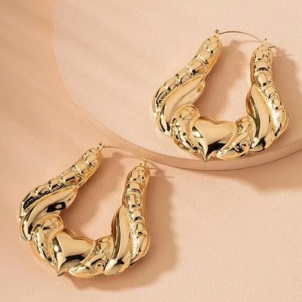 Gold Heart Textured thick hoop earrings - Image 3