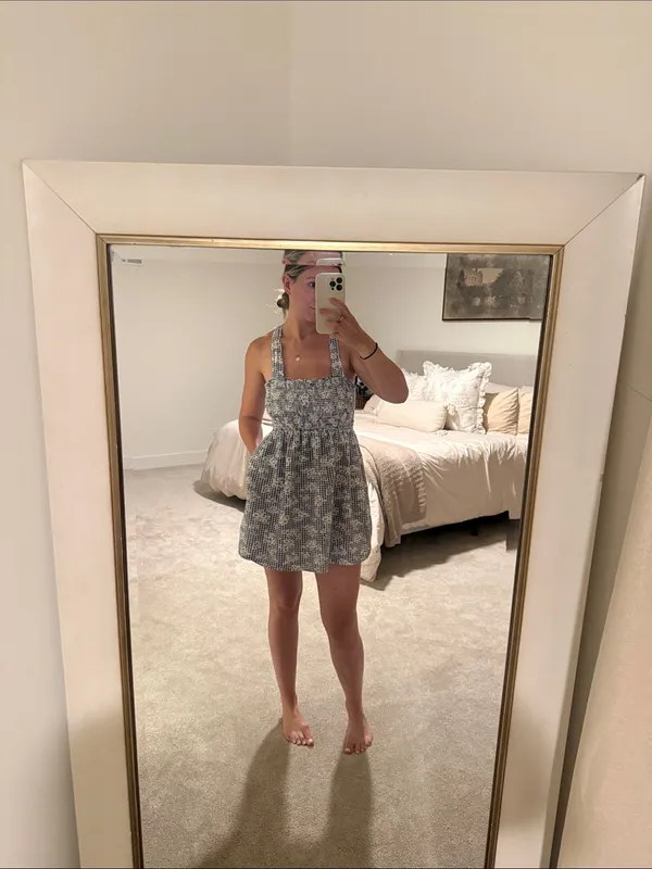 American Eagle Cream Smocked mini dress with Blue Plaid floral pattern - Image 10