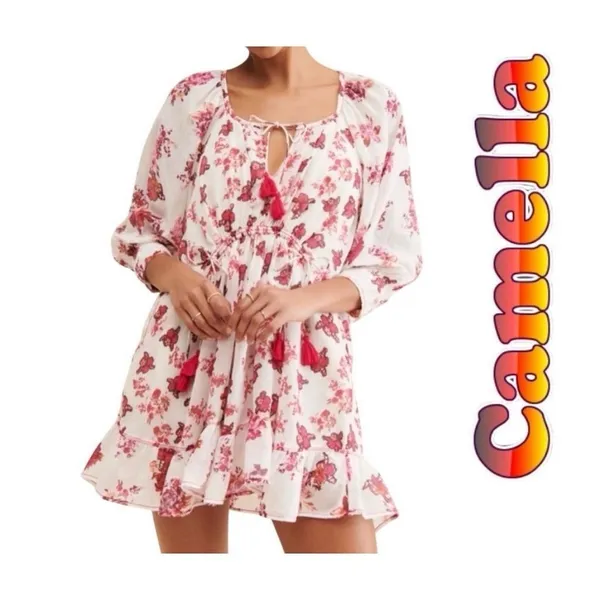 Free People Camella Mini Dress M Ivory and Pink Floral Bohemian 3/4‎ Sleeve - Image 3