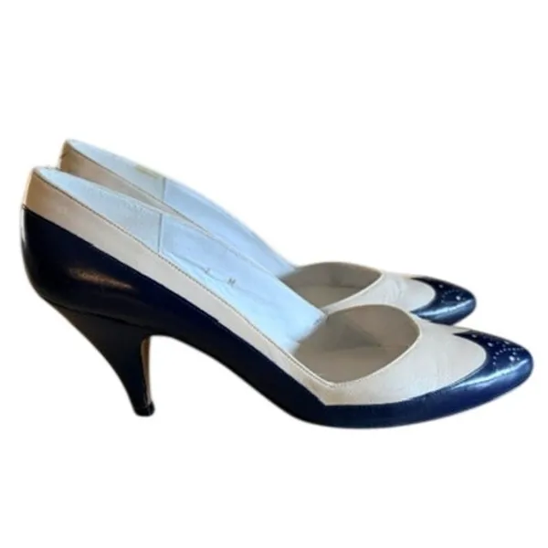 Liz Claiborne White & Navy Leather Spectator Pumps Vintage 1980s Women's 7M - Image 5