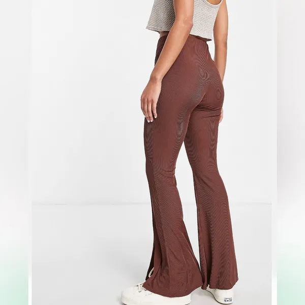 NWT ASOS New Look ribbed split front flare pants in brown - Image 7