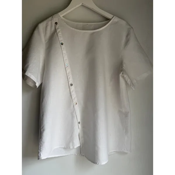 White Linen Cotton Asymmetrical Button Blouse Women's Relaxed Fit Top - Image 2