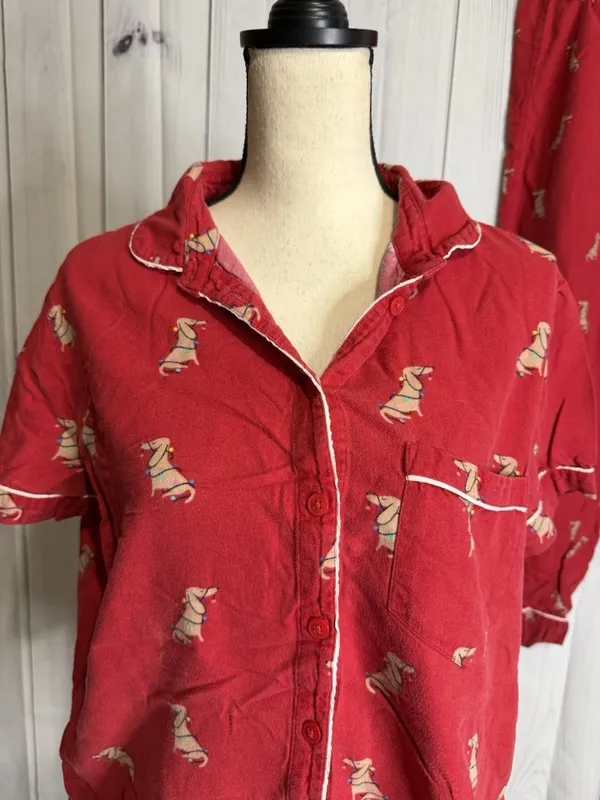 Loft Sleep Pajamas Sz Large 2-Piece Set Wiener Dog Christmas Lights Short Sleeve - Image 2