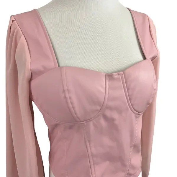 ASOS Parisian Bubblegum Pink Vegan Leather Bustier Sheer Sleeve Top 10 - Image 4