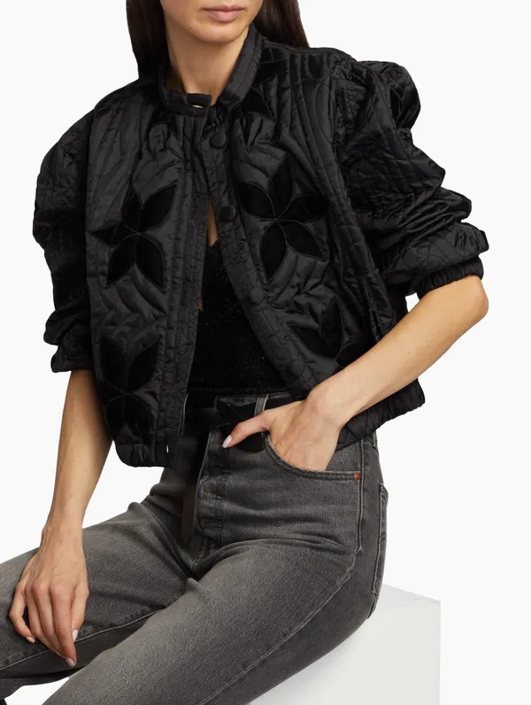 Free People Quinn Quilted Jacket with Velvet Floral Detail in Black - Image 3
