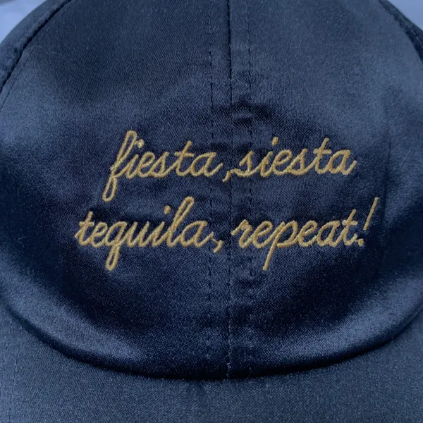 Fiesta Siesta Tequila Repeat Embroidered Black Satin Structured Baseball Cap - Image 8