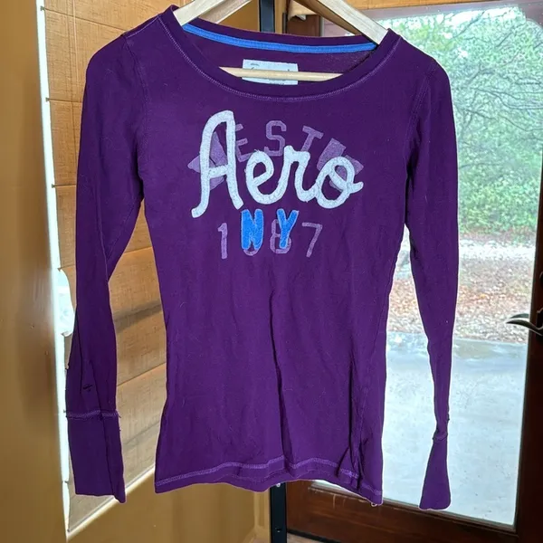Vintage Y2K Aeropostale Aero NY 1987 Graphic LS Tee Purple Small - Image 2