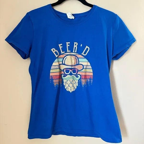 Funky Beer Beard Fruit of the Loom Blue Graphic T Shirt - Image 4