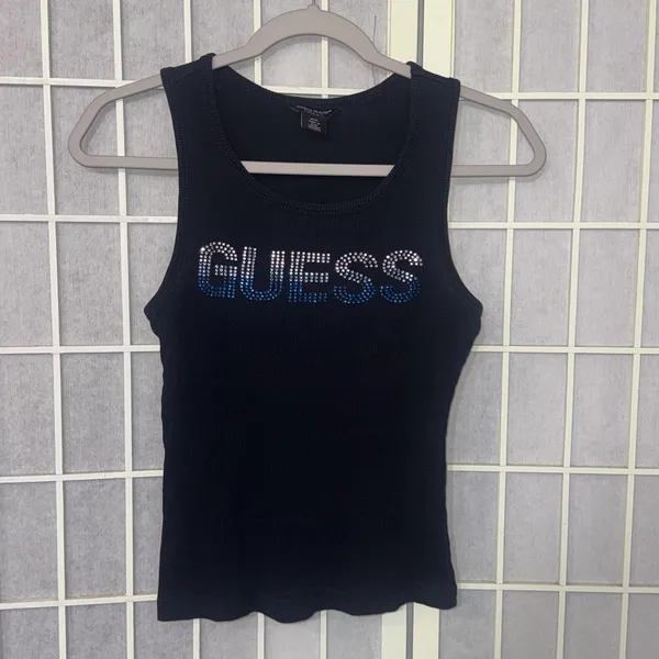 Vintage Y2K Guess Embellished Rhinestone Logo‎ Ribbed Tank Top Pink Size M - Image 3