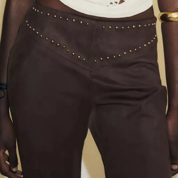 Zara NWT brown studded faux suede embellished pants - Image 4