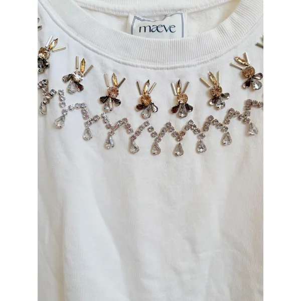 Maeve Anthropologie White Embellished Jeweled Neckline Cotton Sweatshirt Large - Image 2