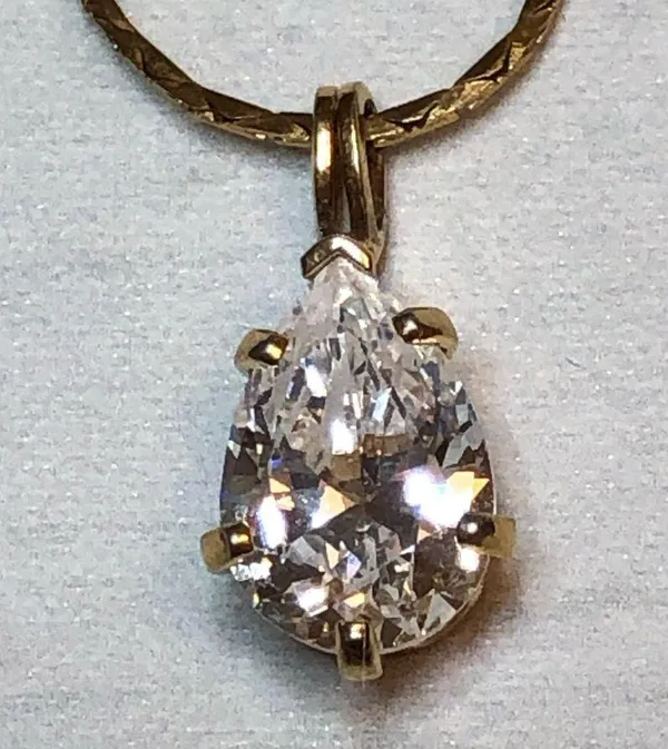 Large Clear Solitaire Pendant CZ w/ gold tone Necklace - Image 2