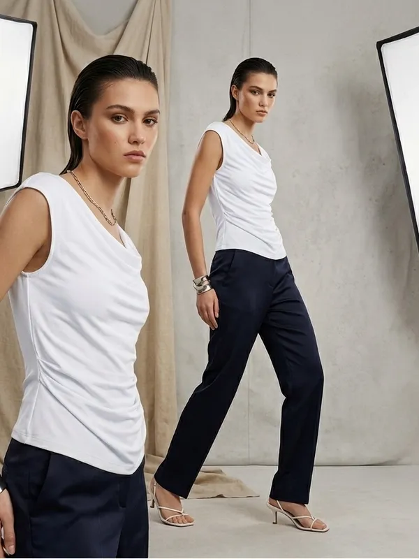 HM Divided Small White Draped Asymmetric Top Sleeveless Cowl Neck Ruched Blouse - Image 2