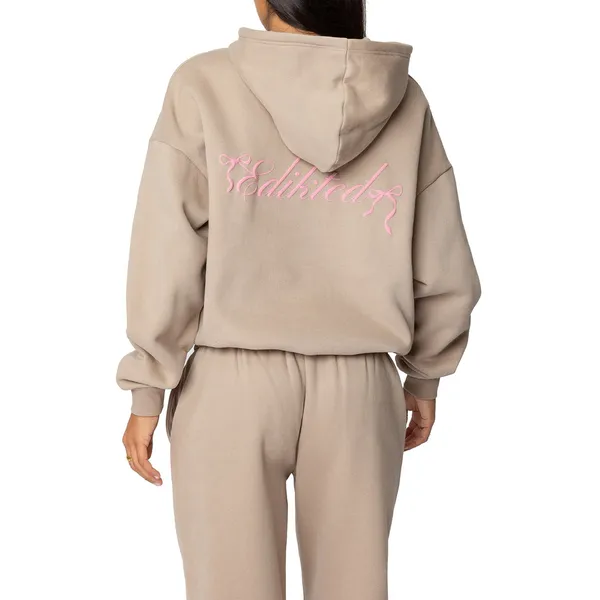 Edikted Sasha Bow Detail Hoodie & Sweatpants Set Beige Pink S - Image 15