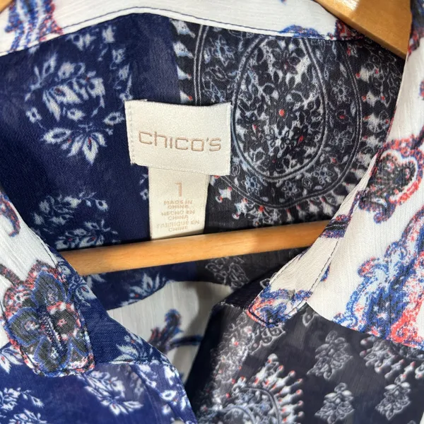 Chico's Blue Paisley Sheer Button Up Roll Tab Sleeve Front Tie Top Size 1 Boho - Image 7