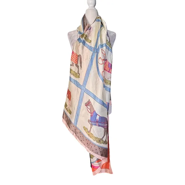 Equestrian Horse Print Satin Scarf Wrap Shawl‎ 35x70 Peach Blue Dressage Riding - Image 6