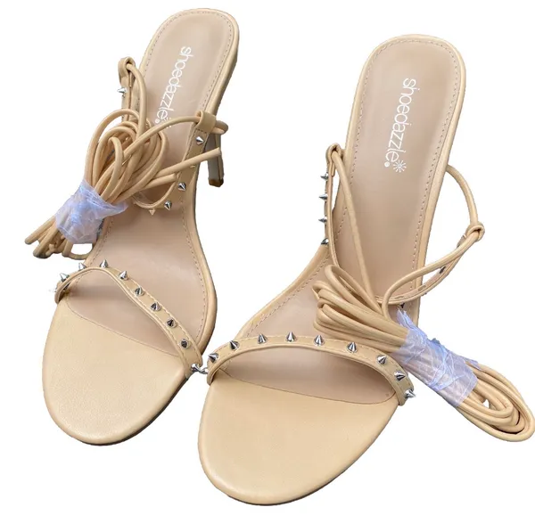 ✨ NEW ShoeDazzle Size 8.5 Nicoletta Nude Beige Studded Strappy Sandals Stilettos Heels $50.00 ✨ - Image 4