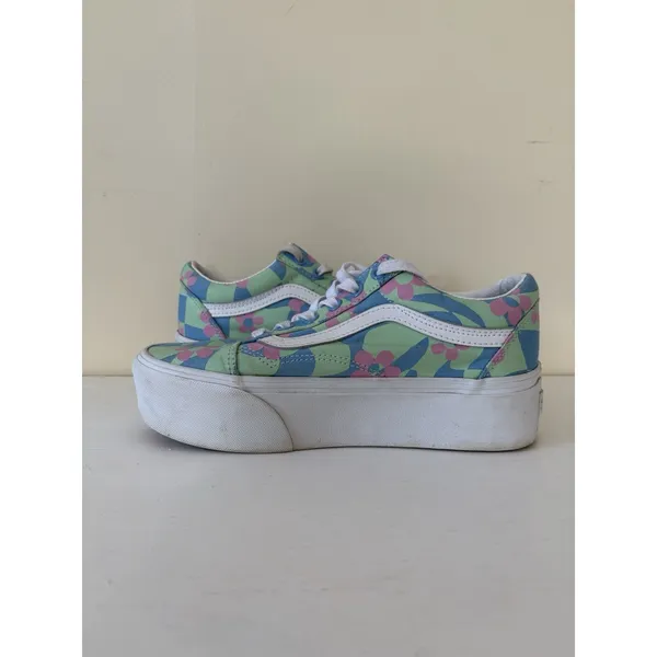 Vans Old Skool Checkerboard Women's 7 Stackform Platform Sneaker Floral Blue - Image 6