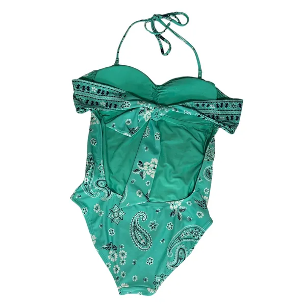 Aerie‎ Paisley One Piece Swimsuit S Seafoam Green Floral Tie Neck Bathing Suit - Image 2