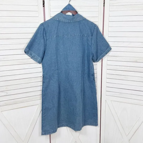Indulge Chambray Button Up Belted‎ Short Sleeve Shirt Dress Denim Blue Large - Image 8