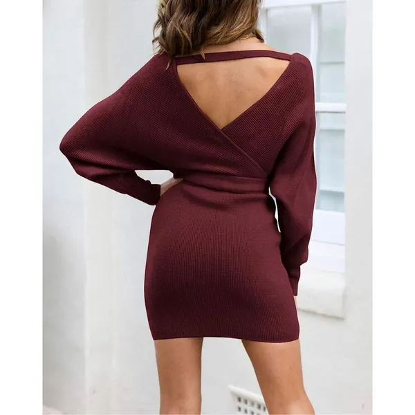 NEW Batwing Sleeve Wrap Knit Backless Pullover Sweater Dress L NO BELT - Image 2
