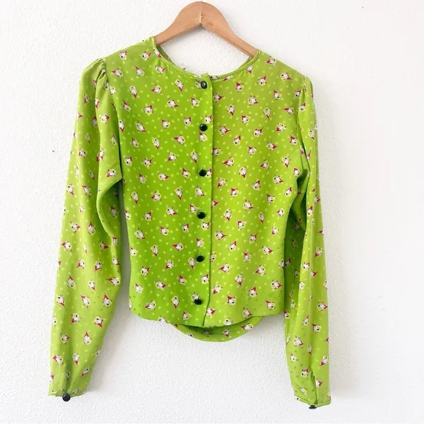Ungaro Green Floral Satin Twist Front Blouse Puff Sleeve Size 8 - Image 8