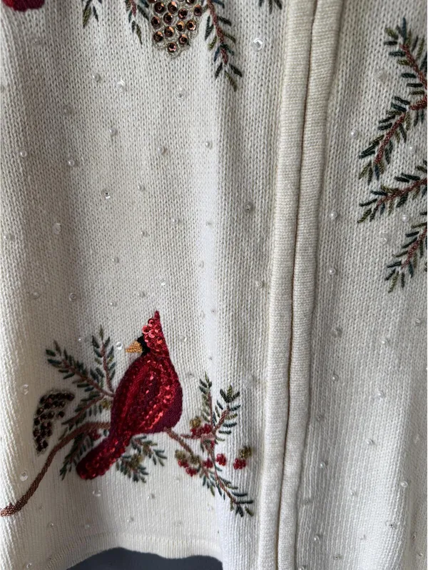 Heirloom Collectibles Christmas Collection XL Cream Knit Cardigan with Cardinal/ - Image 6