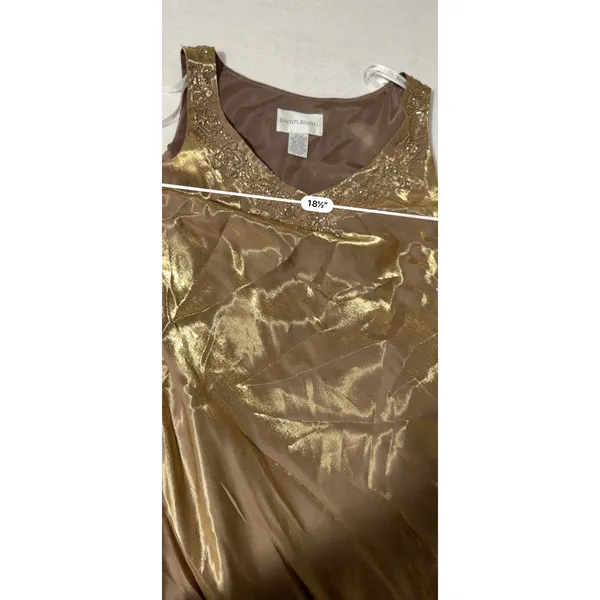 Davids Bridal Bronze Gold Metallic Beaded V-Neck Sleeveless Maxi Evening Gown - Image 7