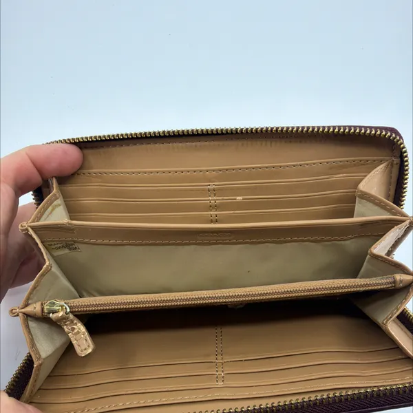 Coach Signature C Accordion Zip Khaki Burgundy Canvas Wallet - Image 6