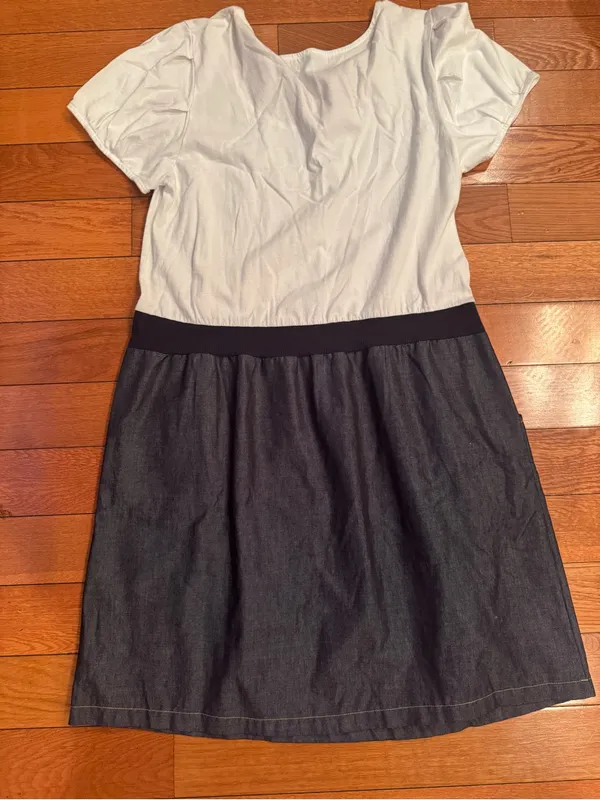 POL White Short-Sleeve Mixed-Media Dress with Denim Skirt Size Large Like New - Image 5