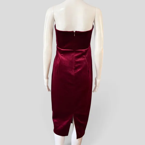 Express Velvet Strapless Midi Dress M Burgundy Draped Sweetheart Cocktail - Image 5