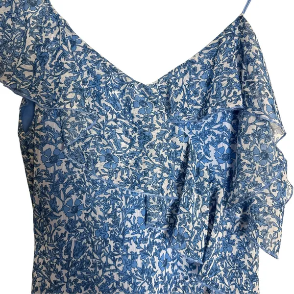 Alice + Olivia Olympia Blue Floral Print Silk Ruffled Asymmetric Midi Dress 2 - Image 6