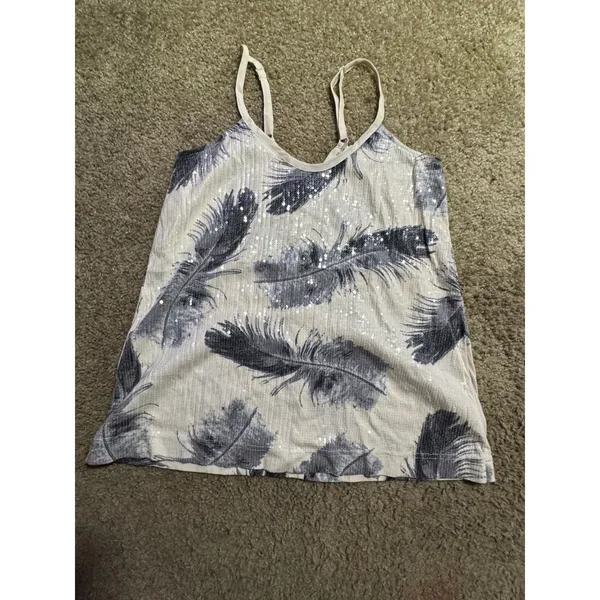 Kimchi Blue Womens Feather Print Sequin Camisole Top Cream Grey V-Neck Small‎ - Image 2