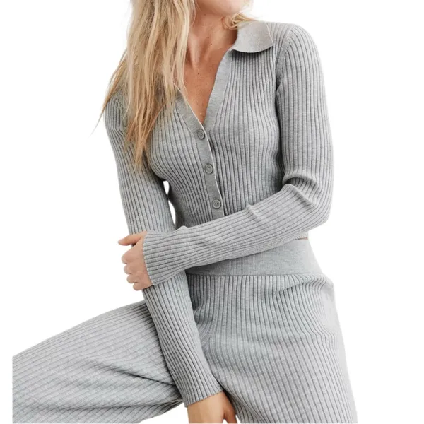 Aerie NWT Women’s Size S Heather Gray Gotta Jet! Ribbed Knit Button Polo Sweater - Image 2