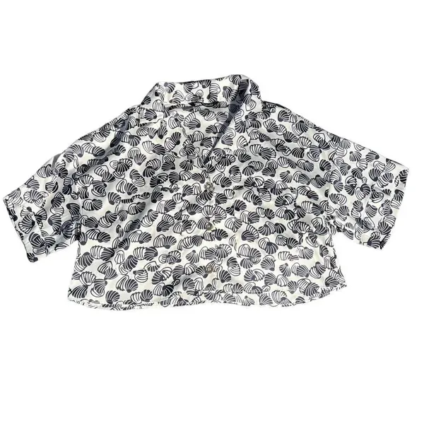 Zara Clamshell Silky‎ White & Navy Relaxed Fit Button Front Crop Top Size Large - Image 3
