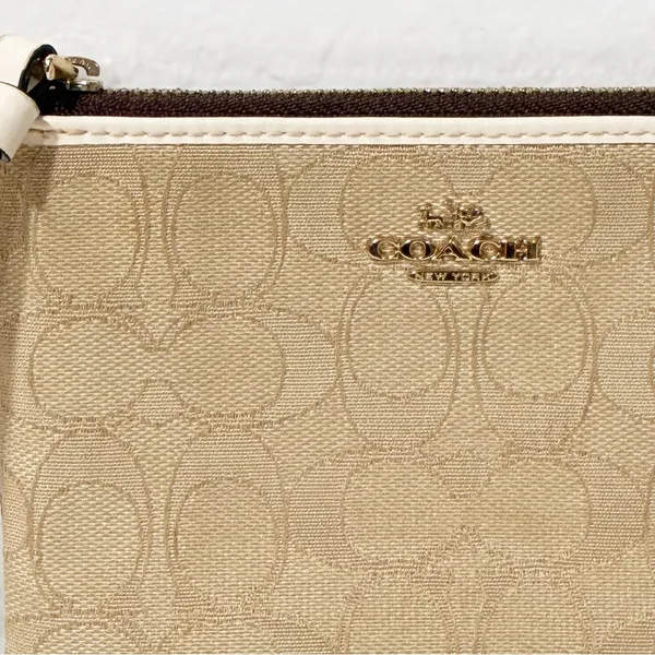 Coach Double Corner Zip Wristlet In Signature Canvas Beige Tan Brown - Image 2