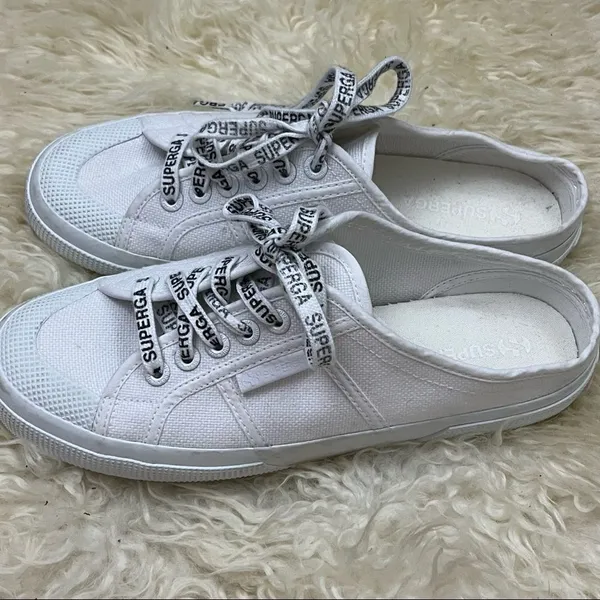 Superga White Slip On Backless Sneakers Logo Laces 39/7 - Image 2