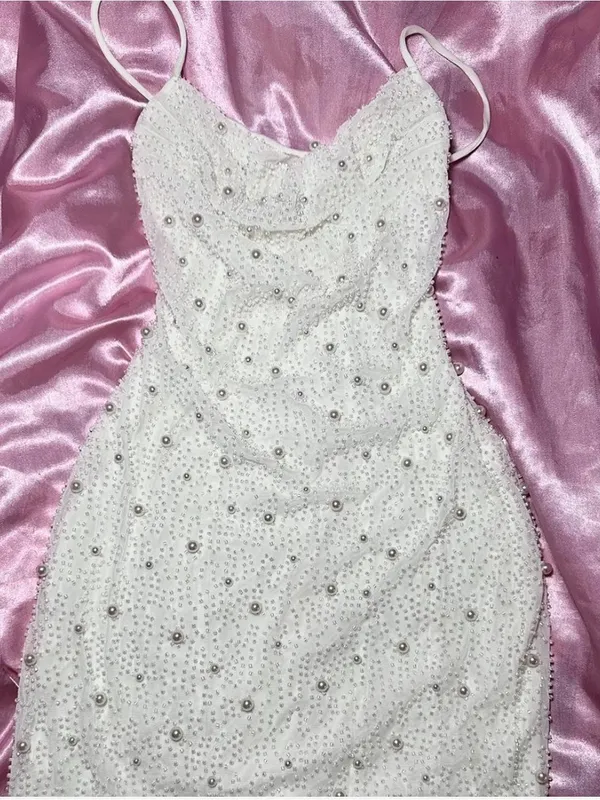 Oh Polly White Embellished Pearl • Ivory Beaded Spaghetti Strap Bodycon Dress - Image 3