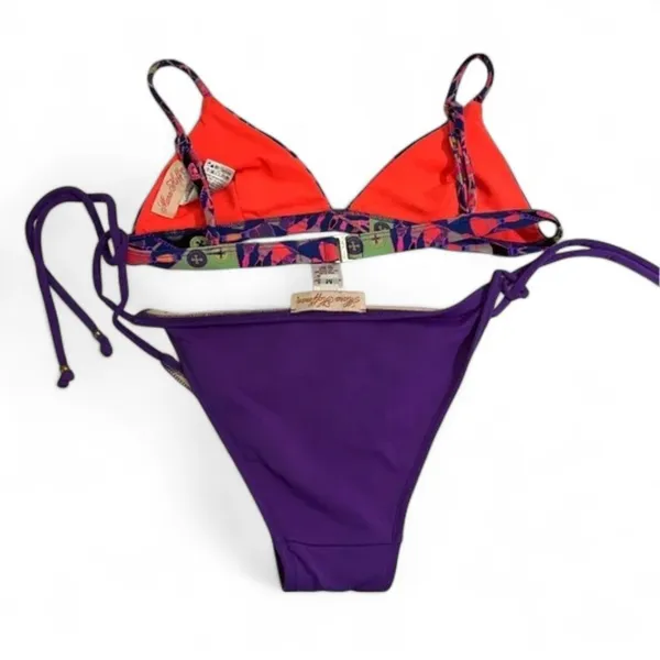 Mara Hoffman Bikini Set Purple Psychedelic Print Triangle Side Tie Medium - Image 3