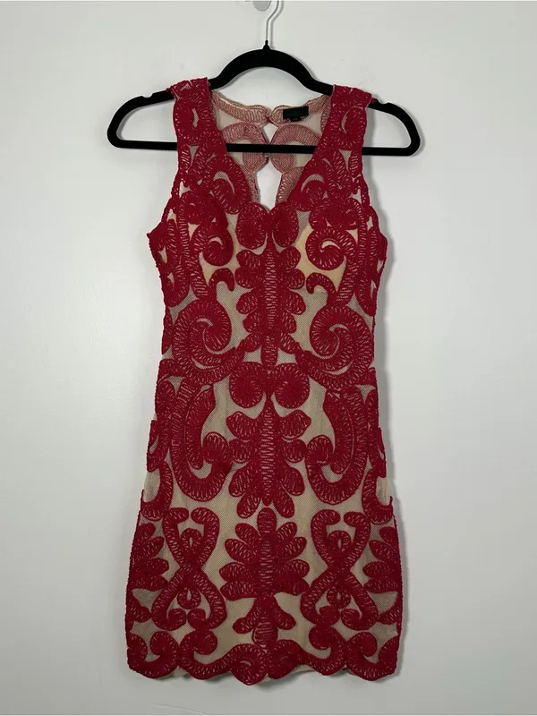 NBD Red Nude Embroidered Lace Mini Dress XS Open Back - Image 2