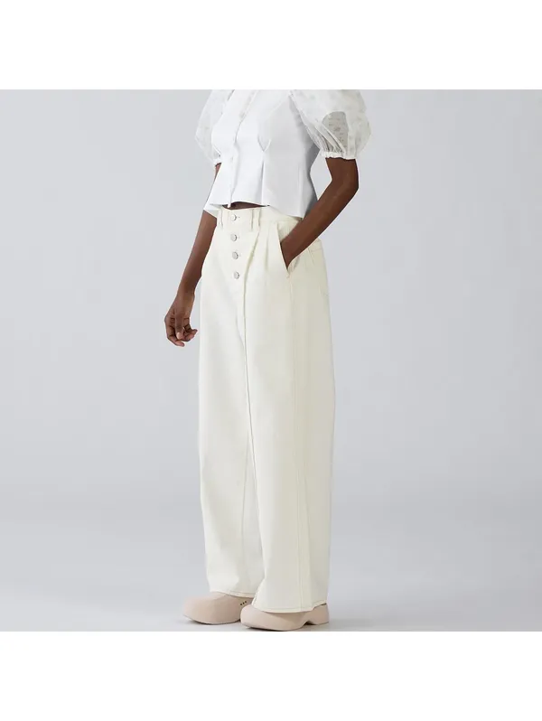 Uniqlo GU 100% Cotton Button Front Wide Leg Jeans by rokh NWT Off White Small - Image 2