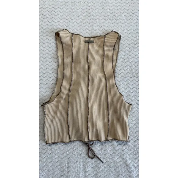 Maniere De Voir Womens Ribbed Lace Up Corset Top Tan Brown Mesh Panel Size 8 - Image 2