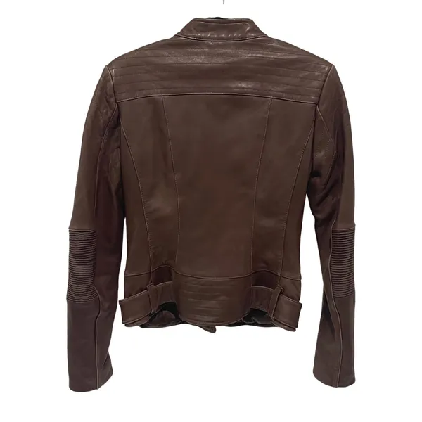Via Spiga Moto Jacket Women S Brown Leather Biker Quilted Ribbed Gold Hardware - Image 3