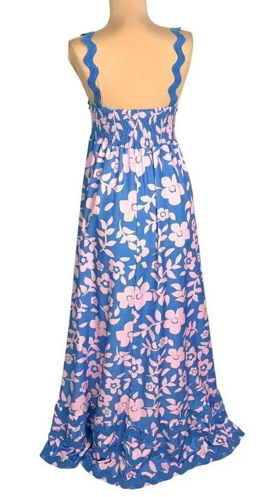 Romantic Boho Blue Pink Floral Maxi Dress M Ruffle Hem Scallop Straps Festival - Image 4