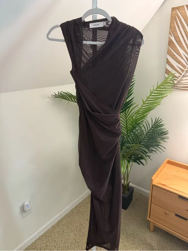 MISHA COLLECTION Tillie Asymmetric Mesh Midi Dress Umber Brown - Image 6