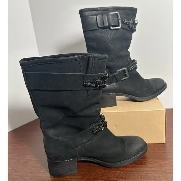 Vera Wang Lavender Label Uma Embellished Black Leather Moto Biker Boots Sz 7.5 - Image 4