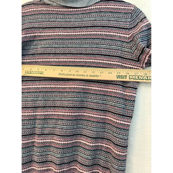 LL Bean Turtleneck Sweater Womens Medium Cotton Cashmere Fair Isle Stripe Grey - Image 6
