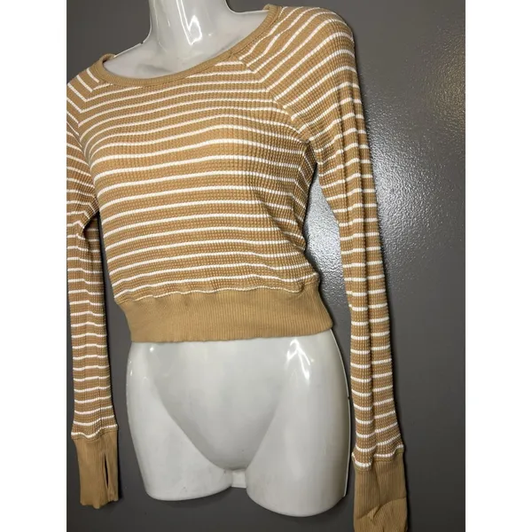 OFFLINE By Aerie Sweater Womens Small Beige Striped Waffle Knit Boat Neck Soft - Image 4